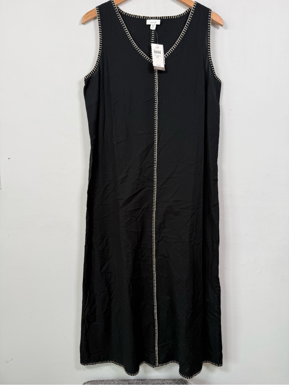 NWT Pure Jill J.Jill Black Linen Whipstitch Maxi Dress Sleeveless V-Neck MT